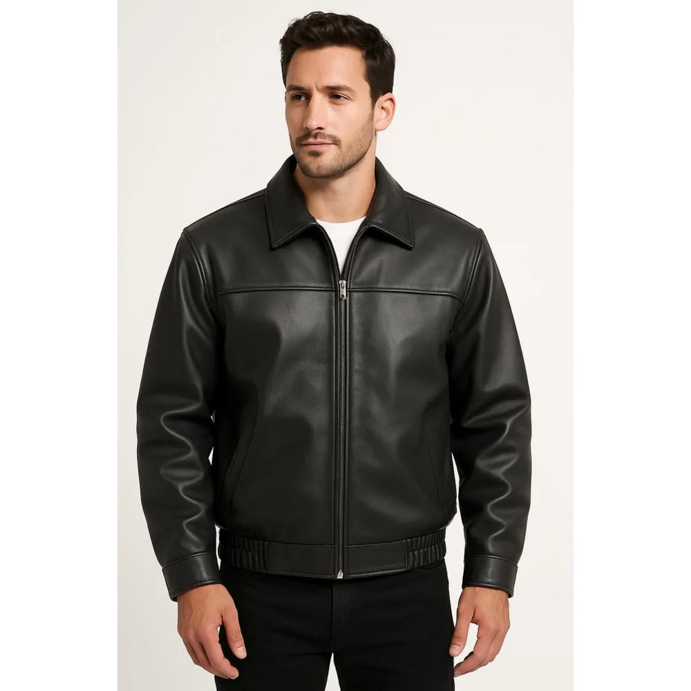 Mens Cambridge Classics Black Leather Bomber Zip-Up Moto 2X Style Edgy Retro Y2K